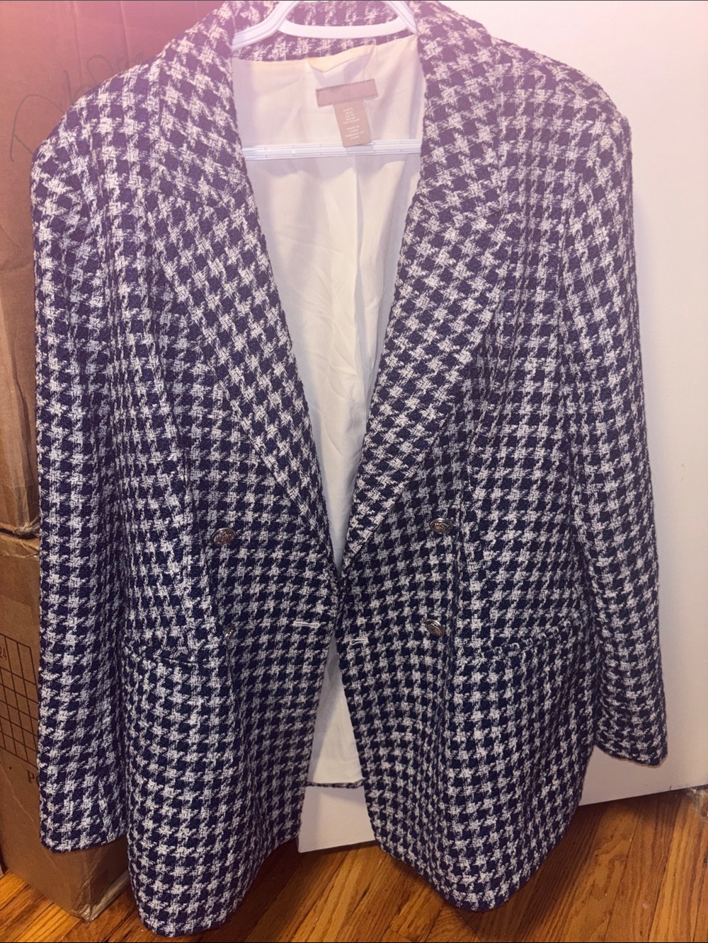 H&M Navy and White Houndstooth Double-Breasted Blazer